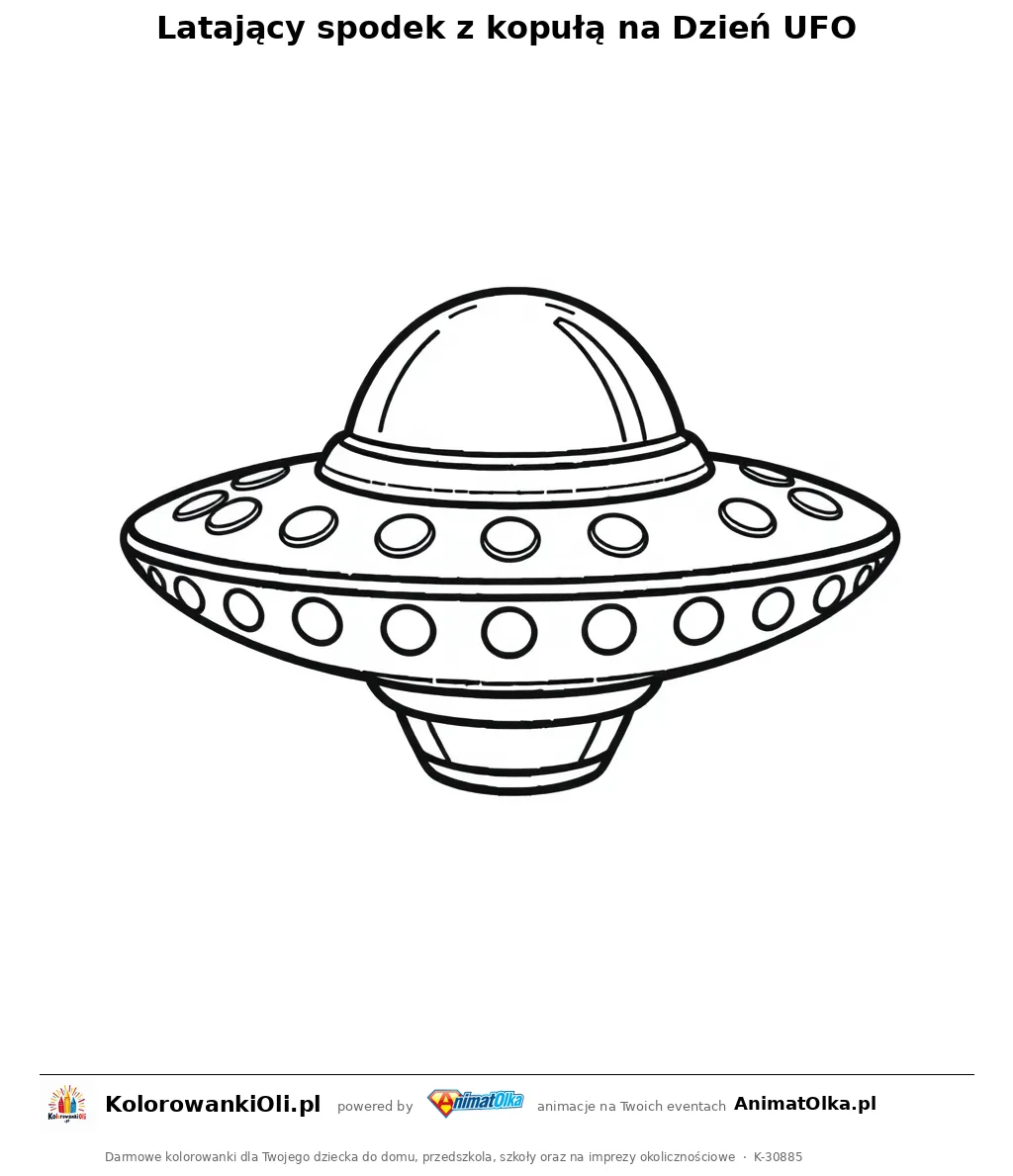 Latający spodek z kopułą na Dzień UFO — kolorowanka na Dzień UFO do wydruku
