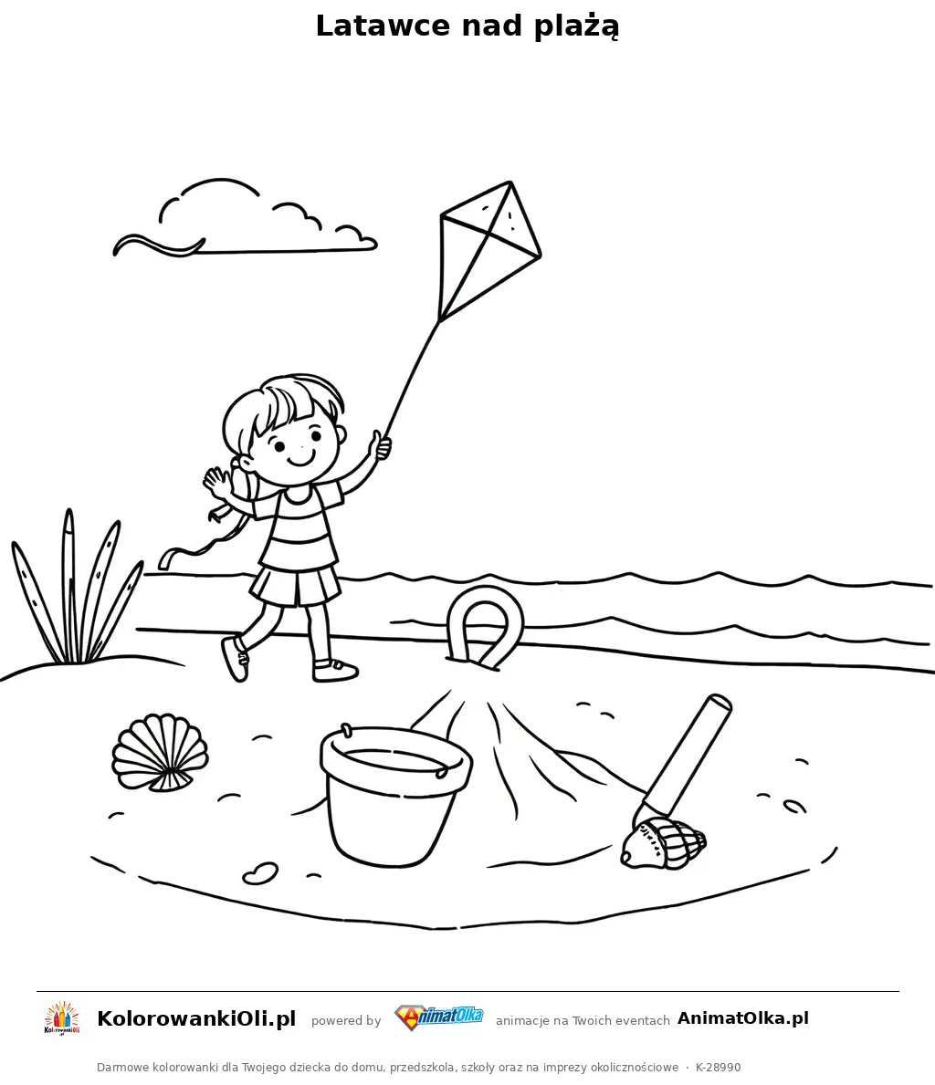 Latawce nad plażą — kolorowanka na Dzień Puszczania Latawców do wydruku