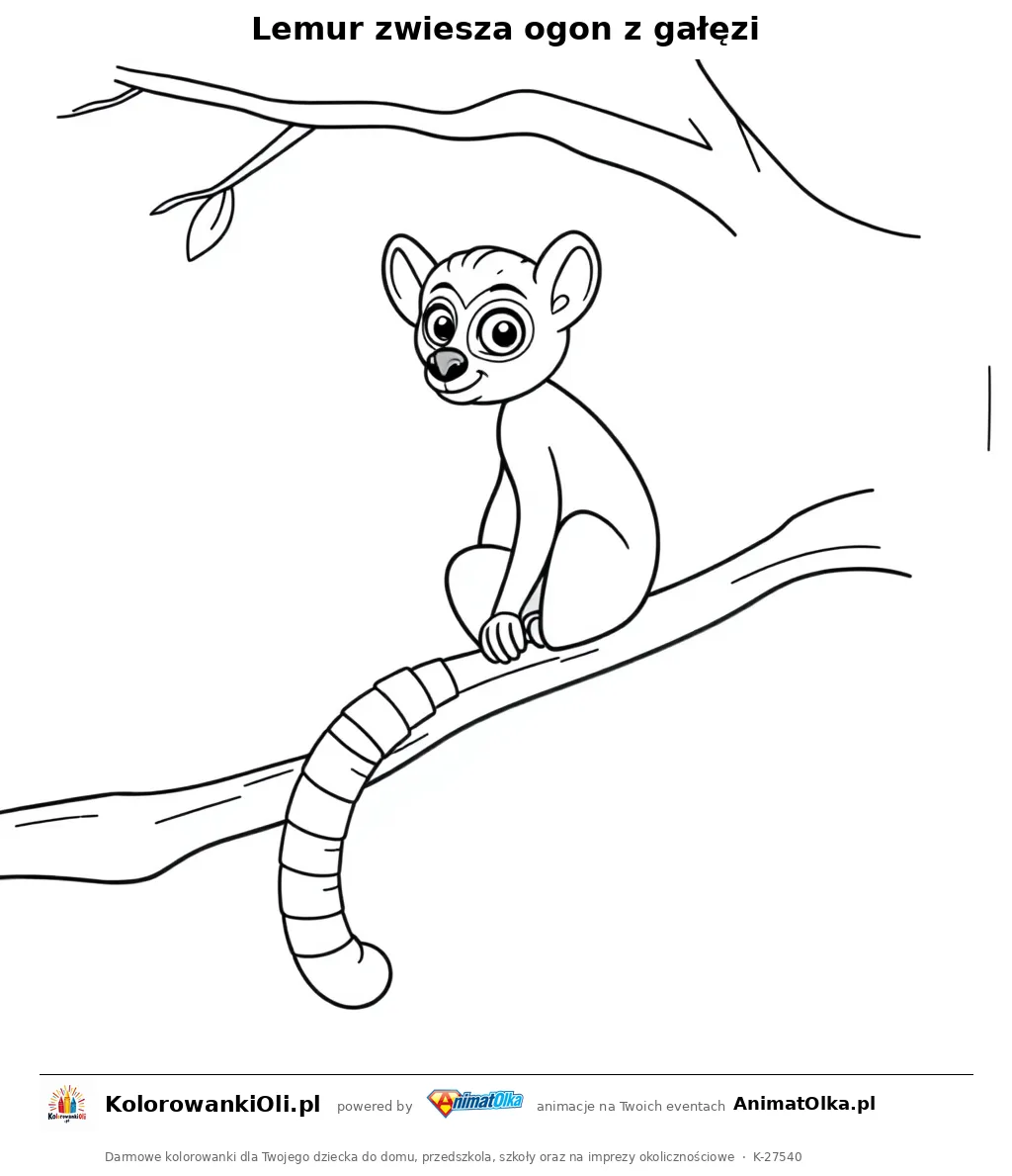 Lemur zwiesza ogon z gałęzi — kolorowanka na Dzień Lemura do wydruku