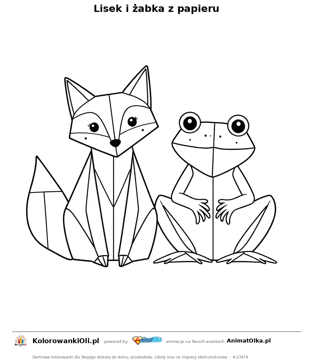 Lisek i żabka z papieru — kolorowanka na Dzień Origami do wydruku