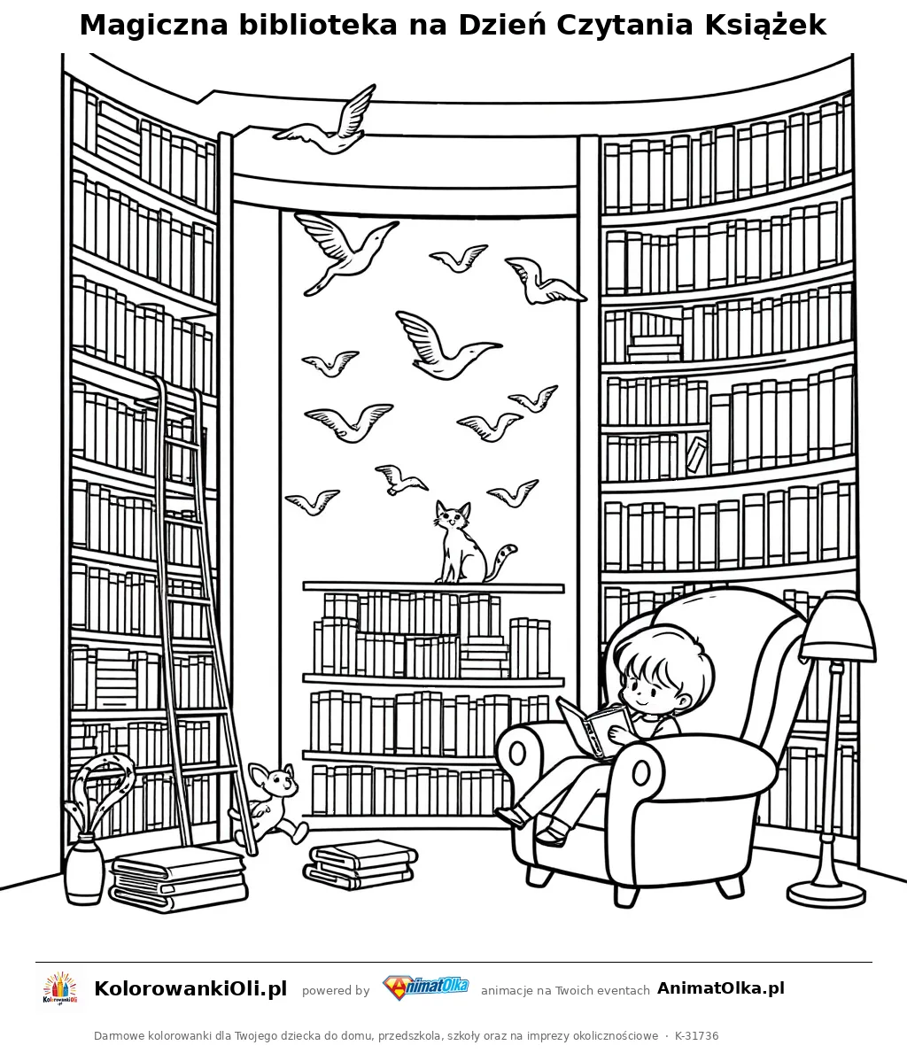 Magiczna biblioteka na Dzień Czytania Książek — kolorowanka na Dzień Czytania Książek do wydruku