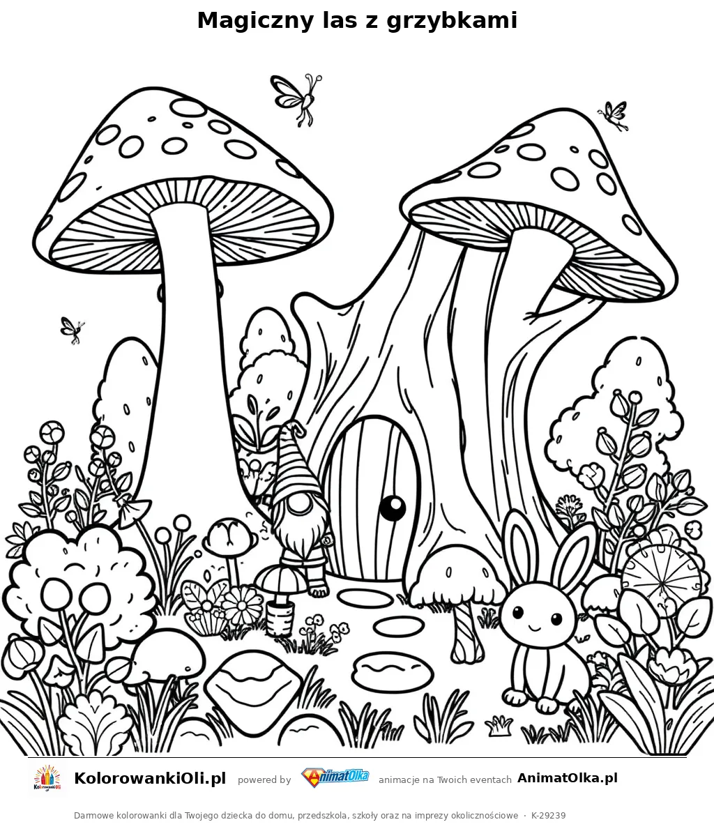 Magiczny las z grzybkami — kolorowanka na Dzień Opowiadania Baśni do wydruku