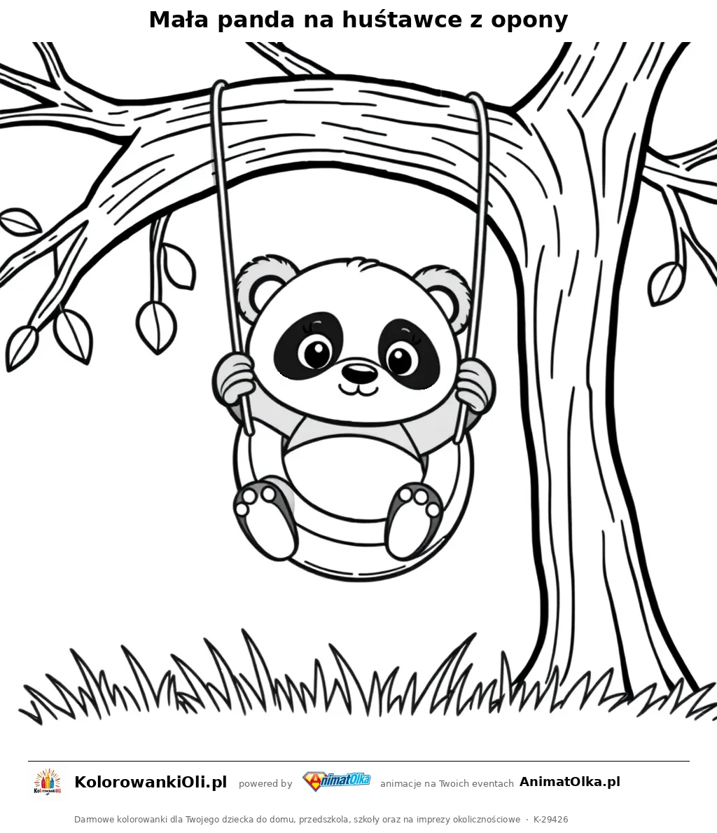Mała panda na huśtawce z opony — kolorowanka na Dzień Pandy do wydruku