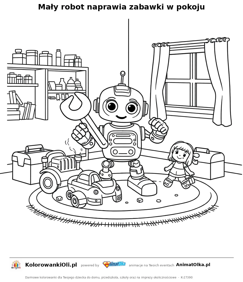 Mały robot naprawia zabawki w pokoju — kolorowanka na Dzień Naprawy do wydruku