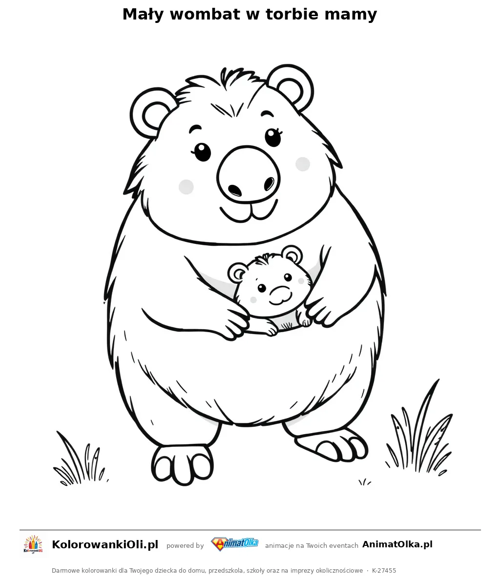 Mały wombat w torbie mamy — kolorowanka na Dzień Wombata do wydruku