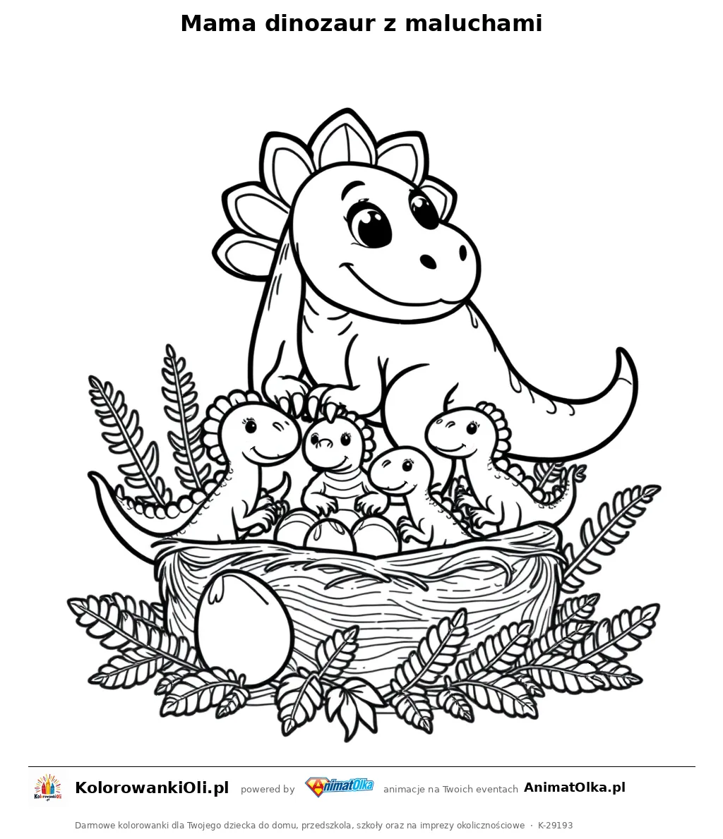 Mama dinozaur z maluchami — kolorowanka na Dzień Dinozaura do wydruku