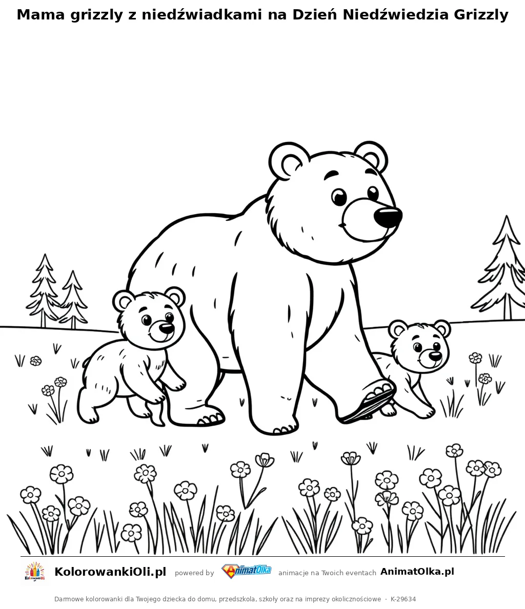 Mama grizzly z niedźwiadkami na Dzień Niedźwiedzia Grizzly — kolorowanka na Dzień Niedźwiedzia Grizzly do wydruku