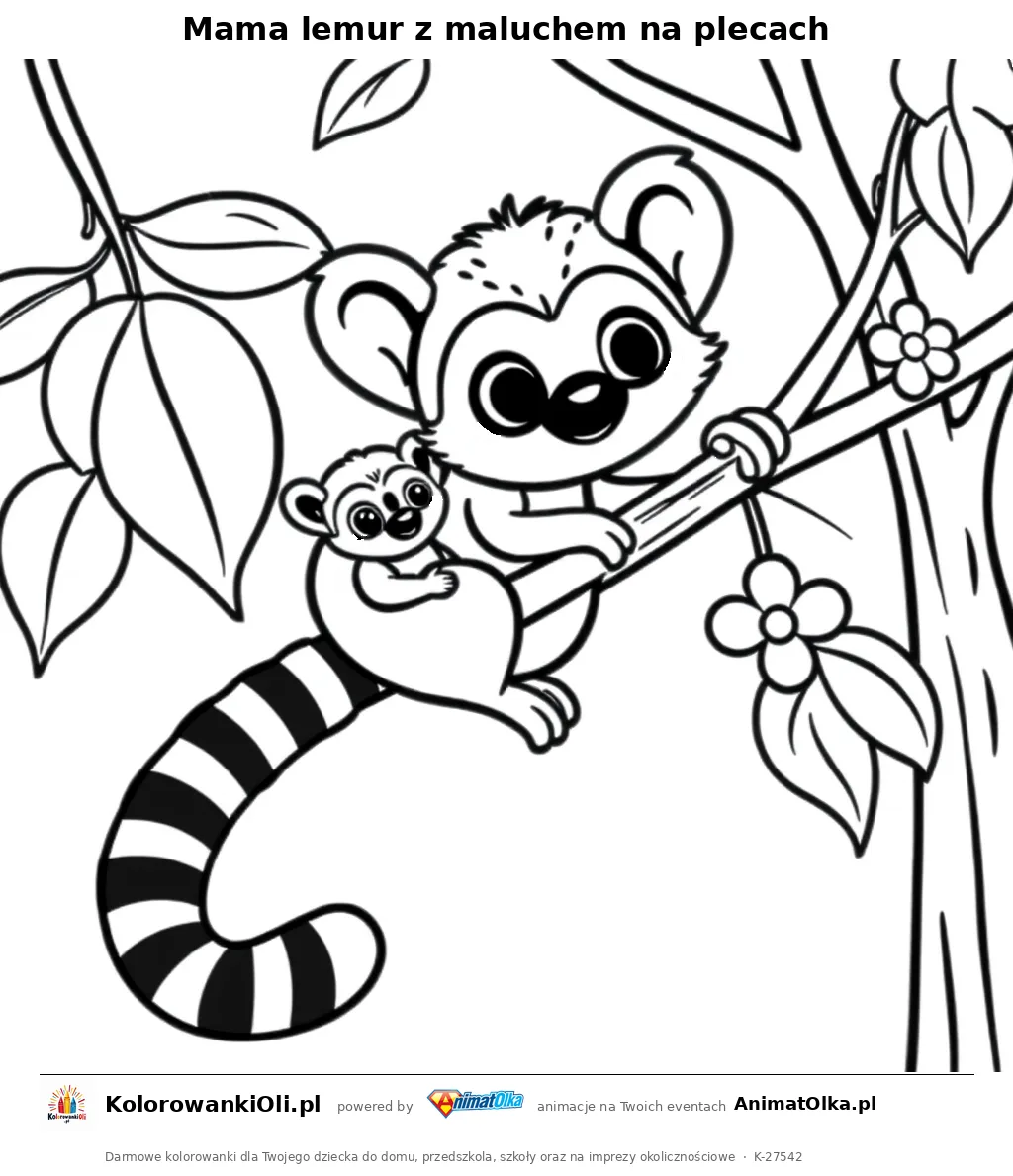 Mama lemur z maluchem na plecach — kolorowanka na Dzień Lemura do wydruku