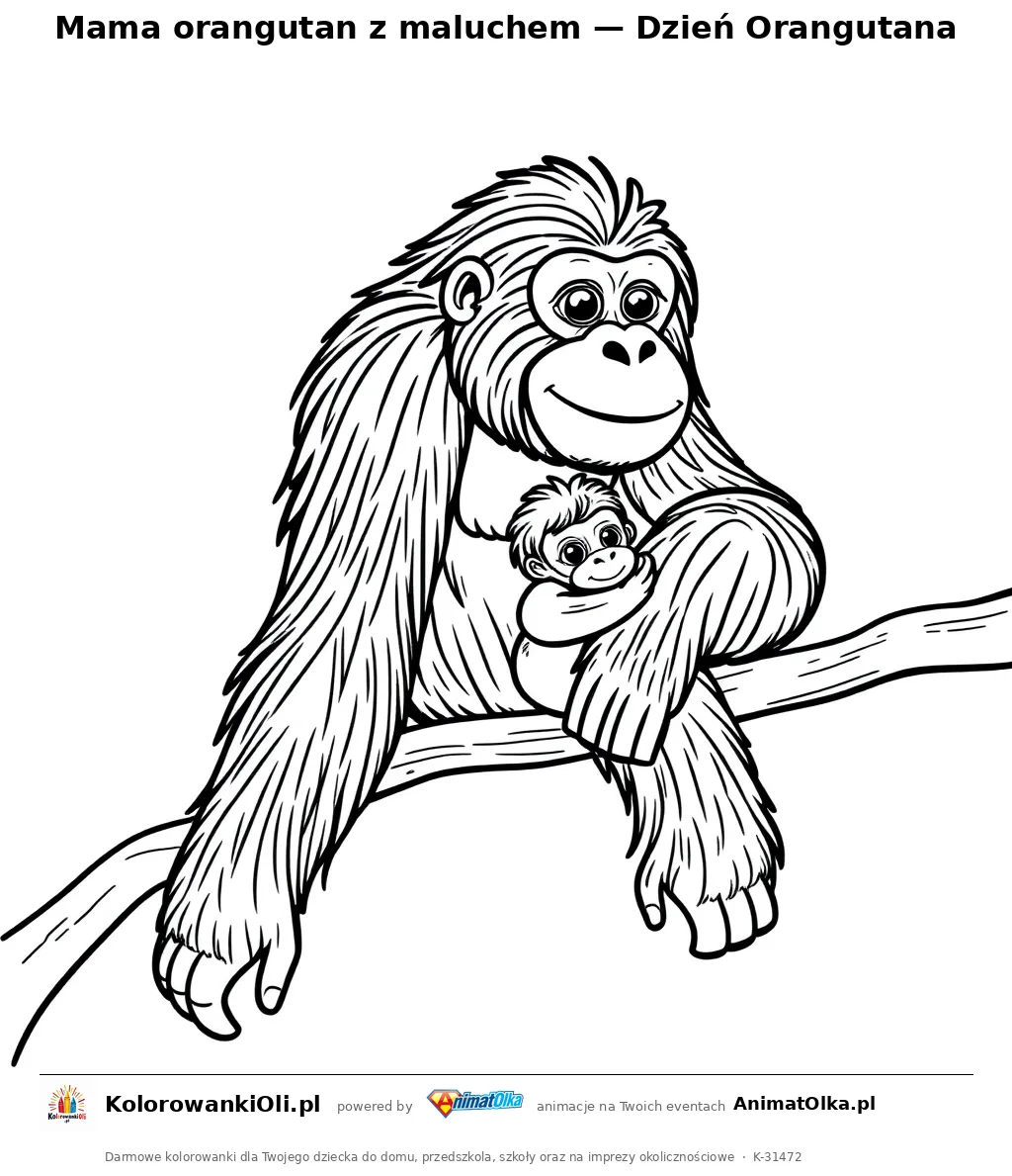 Mama orangutan z maluchem — Dzień Orangutana — kolorowanka na Dzień Orangutana do wydruku