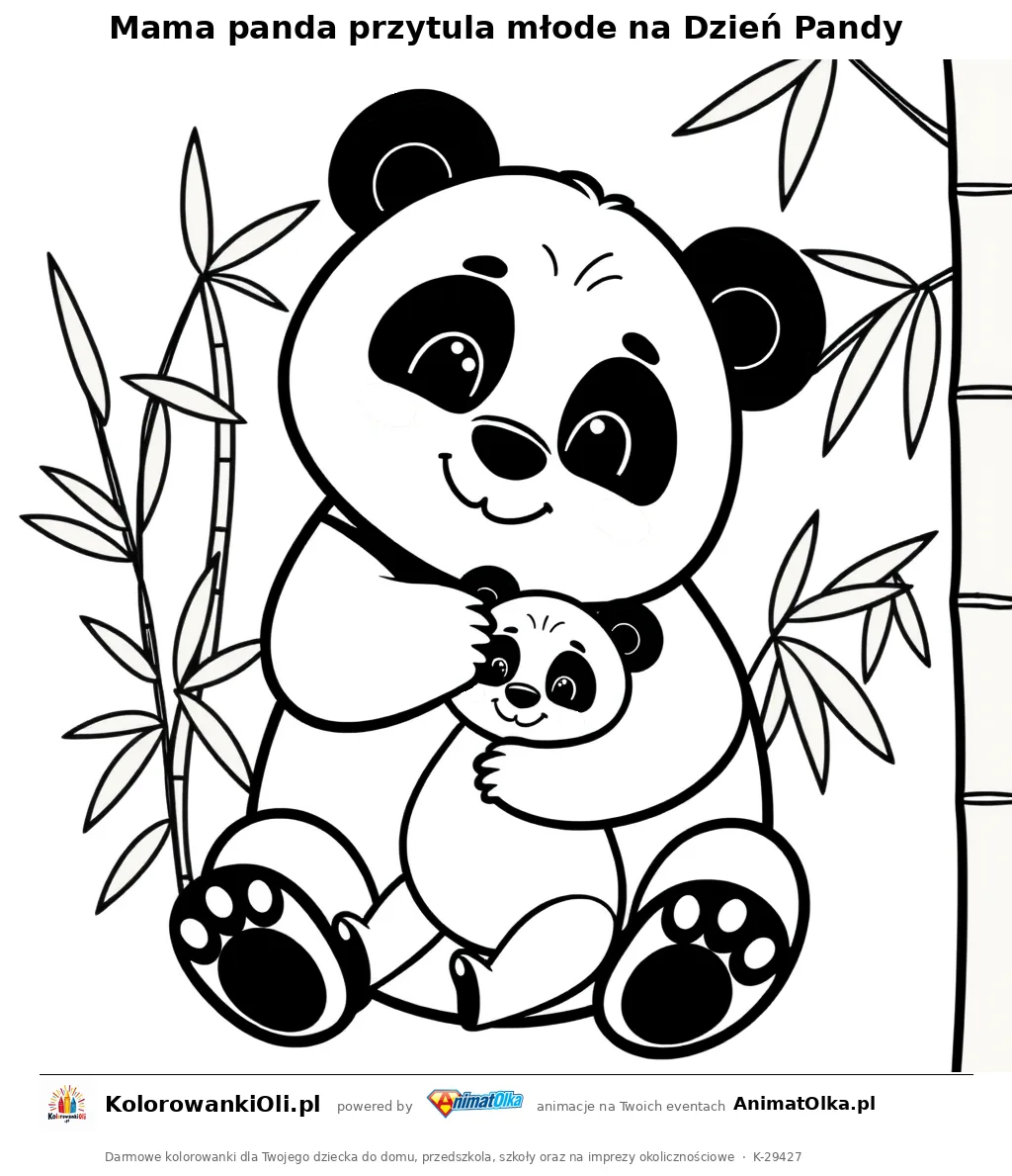 Mama panda przytula młode na Dzień Pandy — kolorowanka na Dzień Pandy do wydruku
