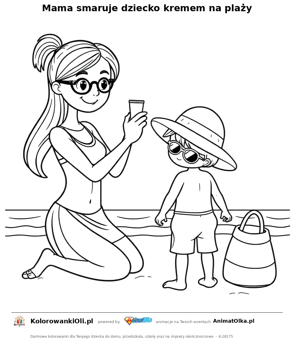 Mama smaruje dziecko kremem na plaży — kolorowanka na Dzień Kremu z Filtrem do wydruku