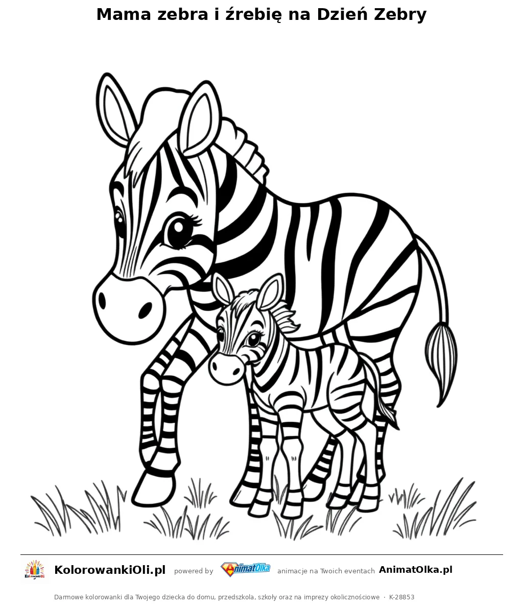 Mama zebra i źrebię na Dzień Zebry — kolorowanka na Dzień Zebry do wydruku
