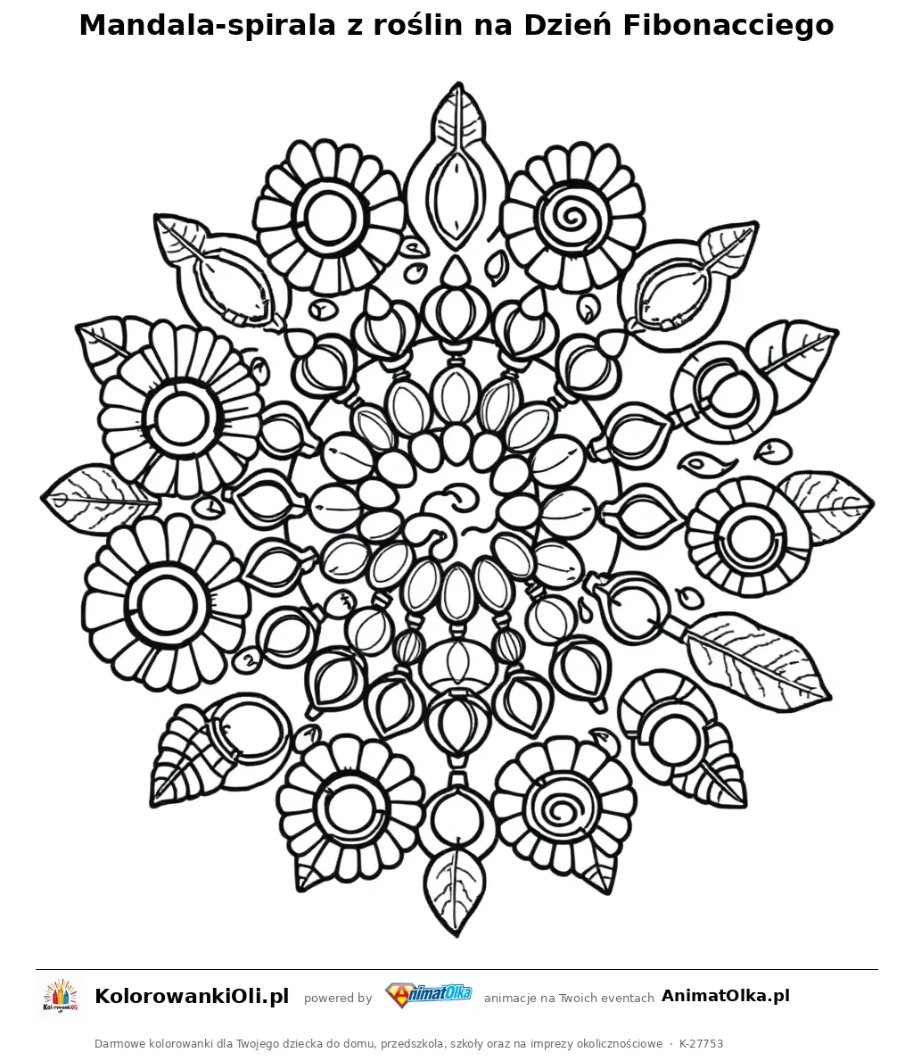 Mandala-spirala z roślin na Dzień Fibonacciego — kolorowanka na Dzień Fibonacciego do wydruku