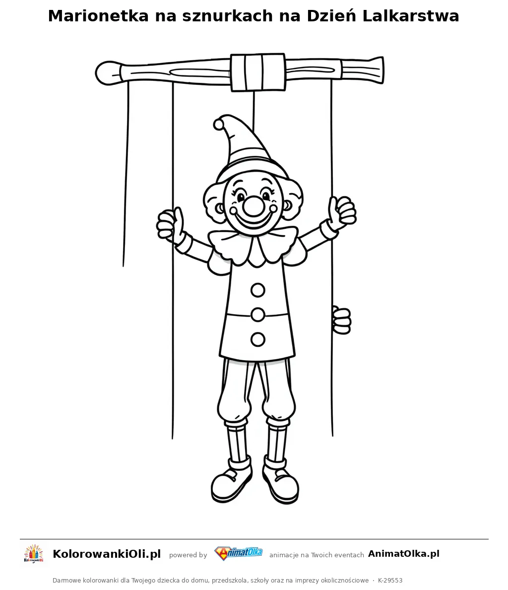 Marionetka na sznurkach na Dzień Lalkarstwa — kolorowanka na Dzień Lalkarstwa do wydruku