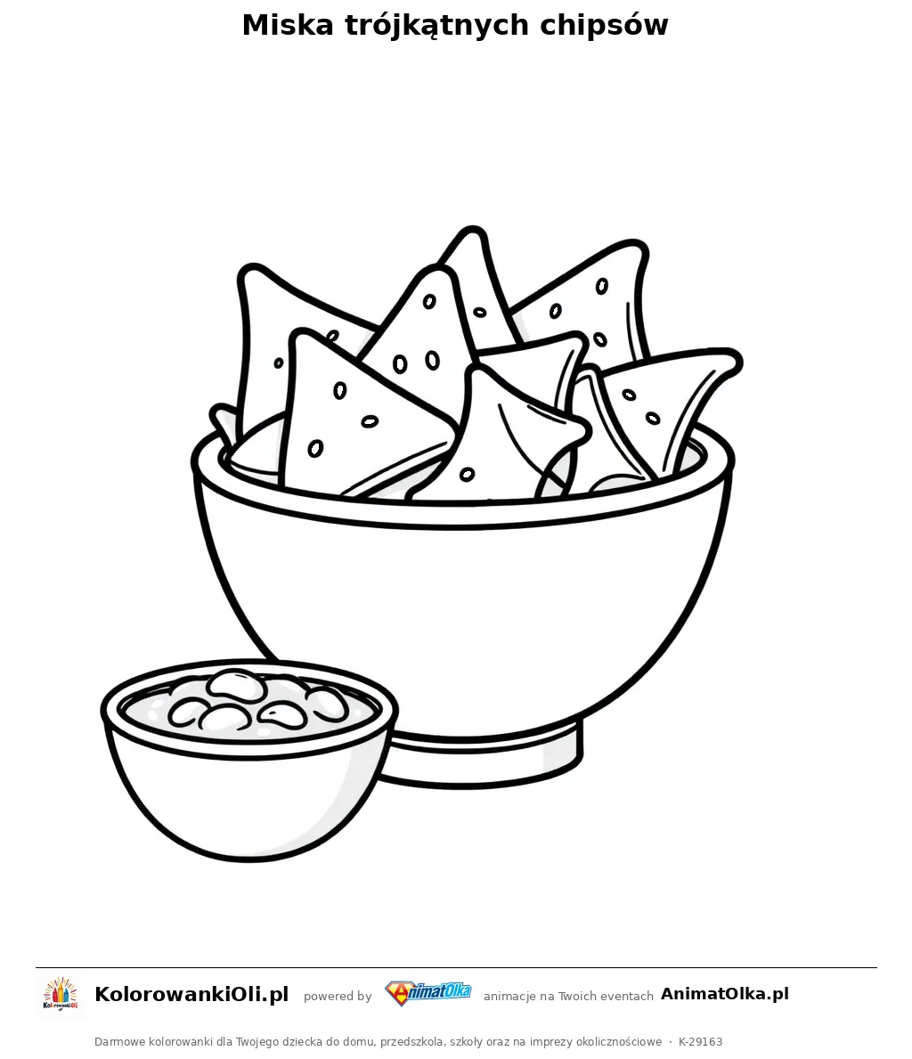 Miska trójkątnych chipsów — kolorowanka na Dzień Chipsów Tortilla do wydruku