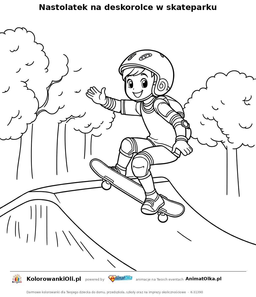Nastolatek na deskorolce w skateparku — kolorowanka na Dzień Młodzieży do wydruku