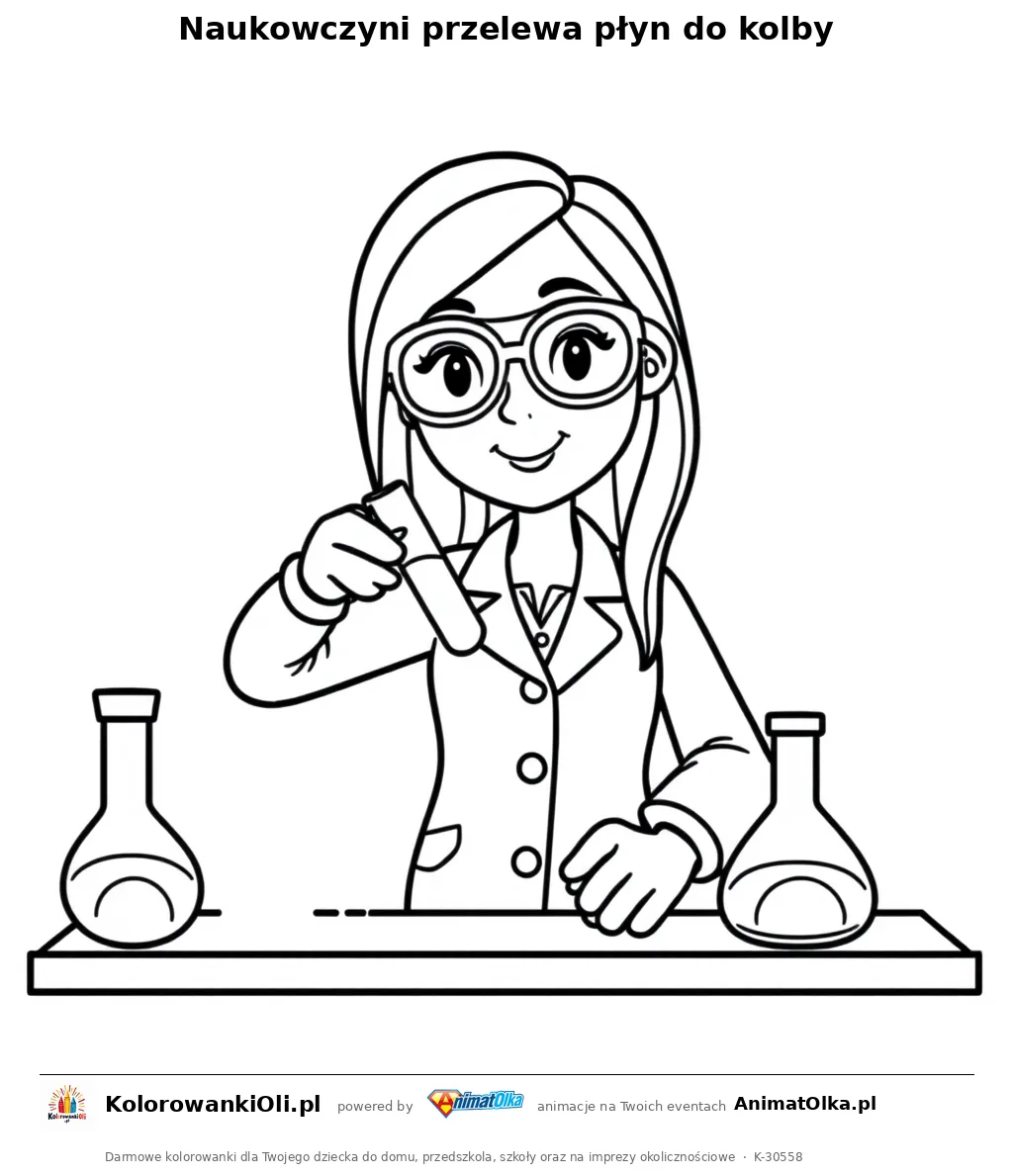 Naukowczyni przelewa płyn do kolby — kolorowanka na Dzień Chemika do wydruku