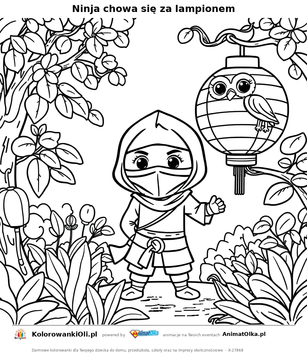 Ninja chowa się za lampionem — kolorowanka na Dzień Ninja do wydruku