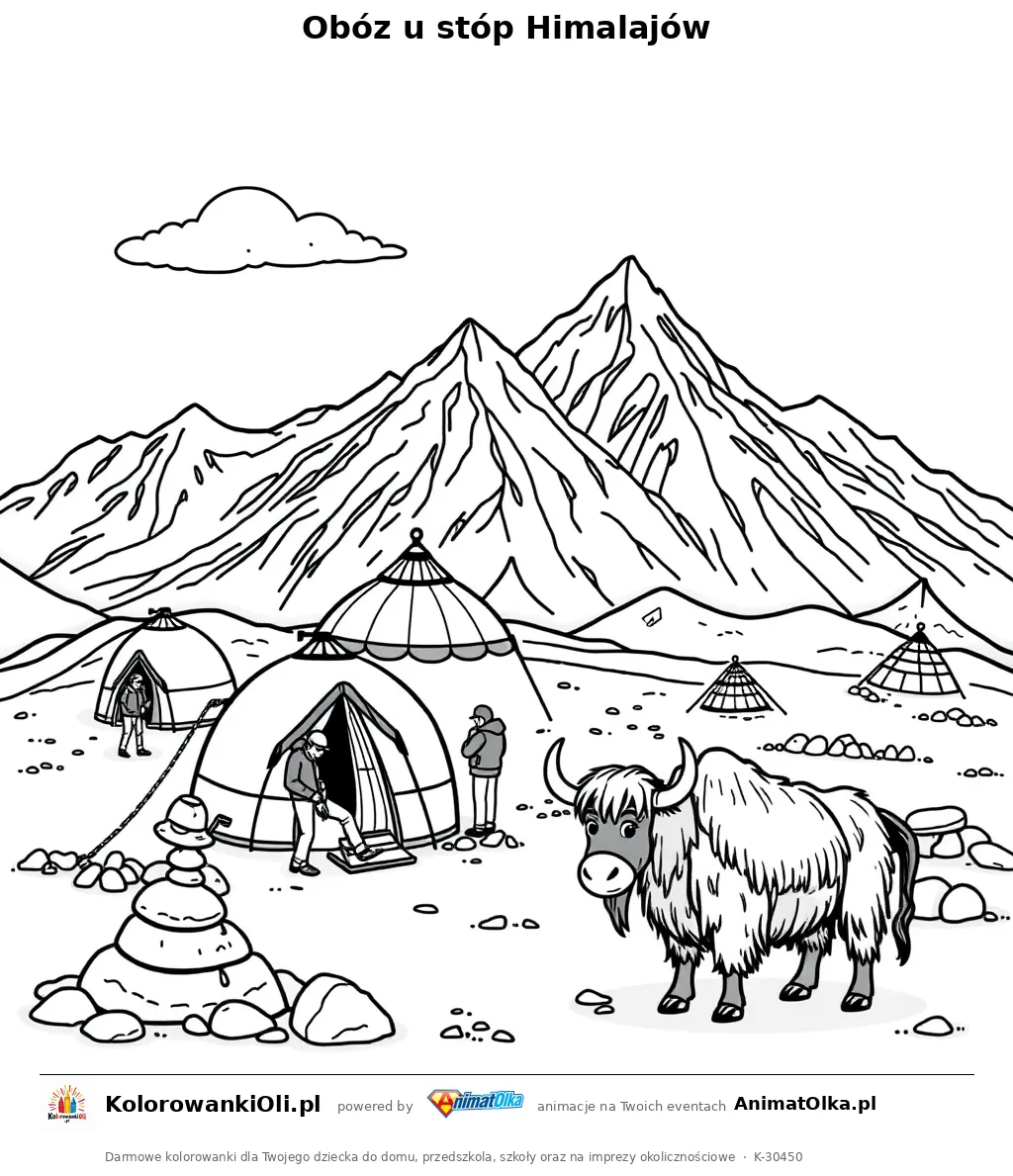 Obóz u stóp Himalajów — kolorowanka na Dzień Mount Everestu do wydruku