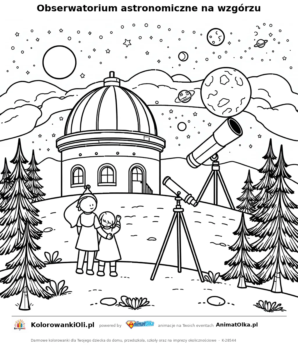 Obserwatorium astronomiczne na wzgórzu — kolorowanka na Dzień Rotacji Ziemi do wydruku