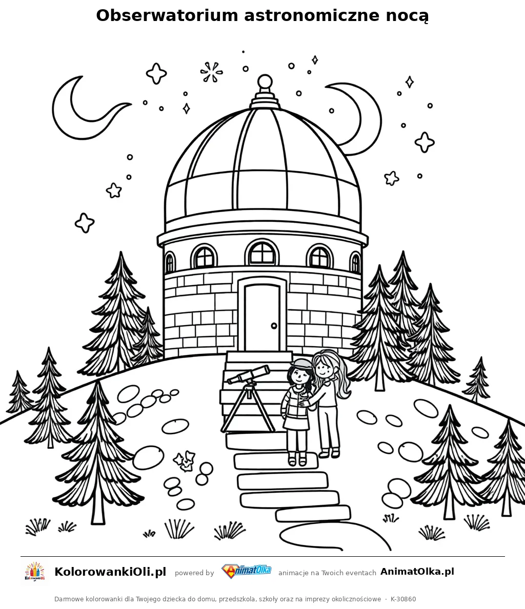 Obserwatorium astronomiczne nocą — kolorowanka na Dzień Asteroid do wydruku