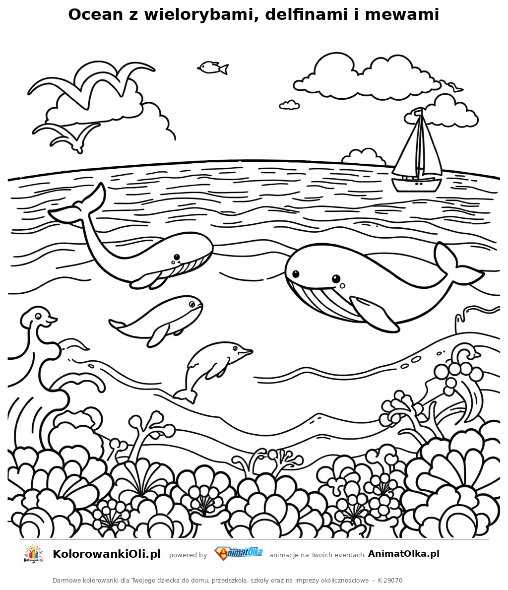 Ocean z wielorybami, delfinami i mewami — kolorowanka na Dzień Wieloryba do wydruku