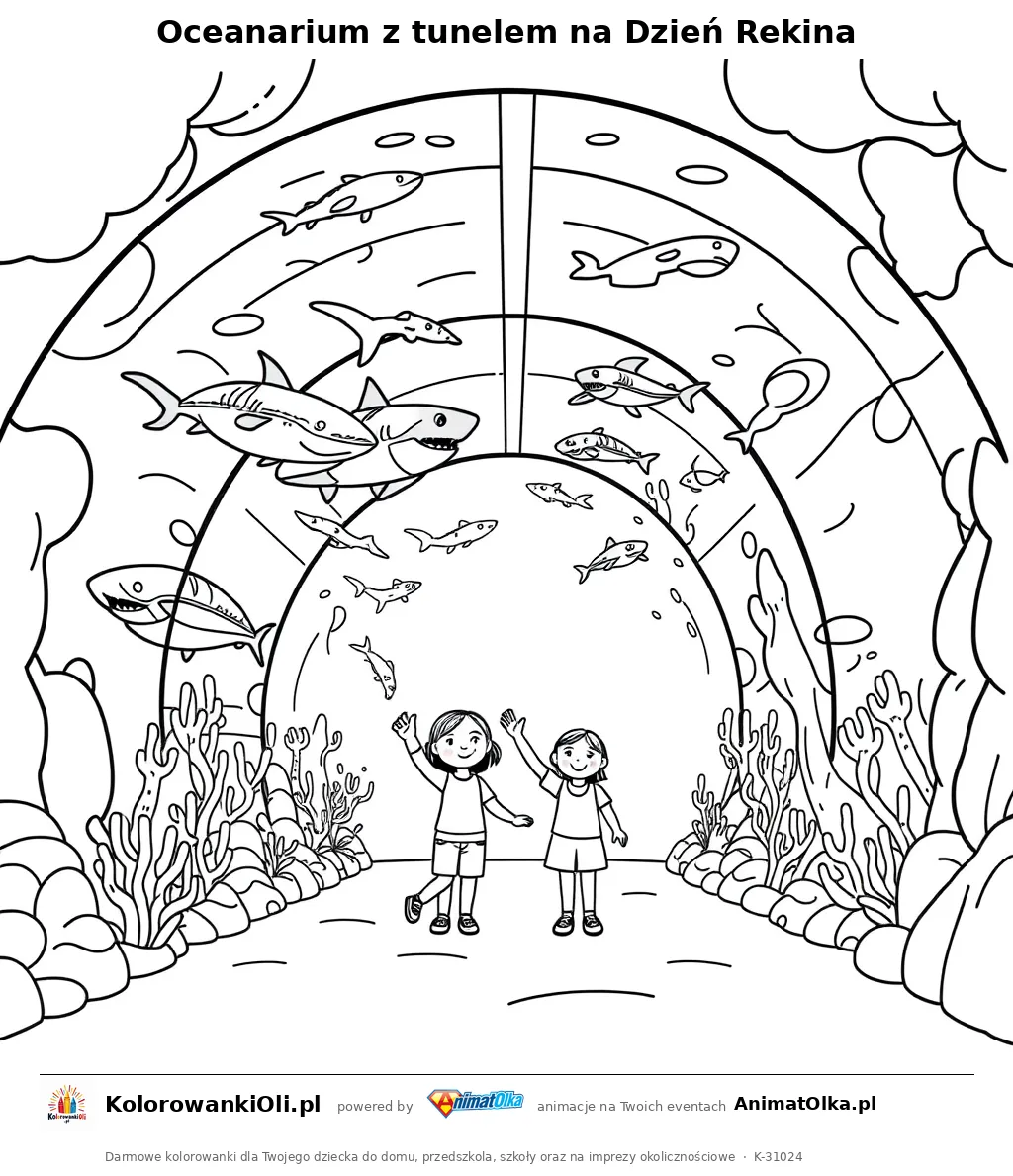 Oceanarium z tunelem na Dzień Rekina — kolorowanka na Dzień Rekina do wydruku
