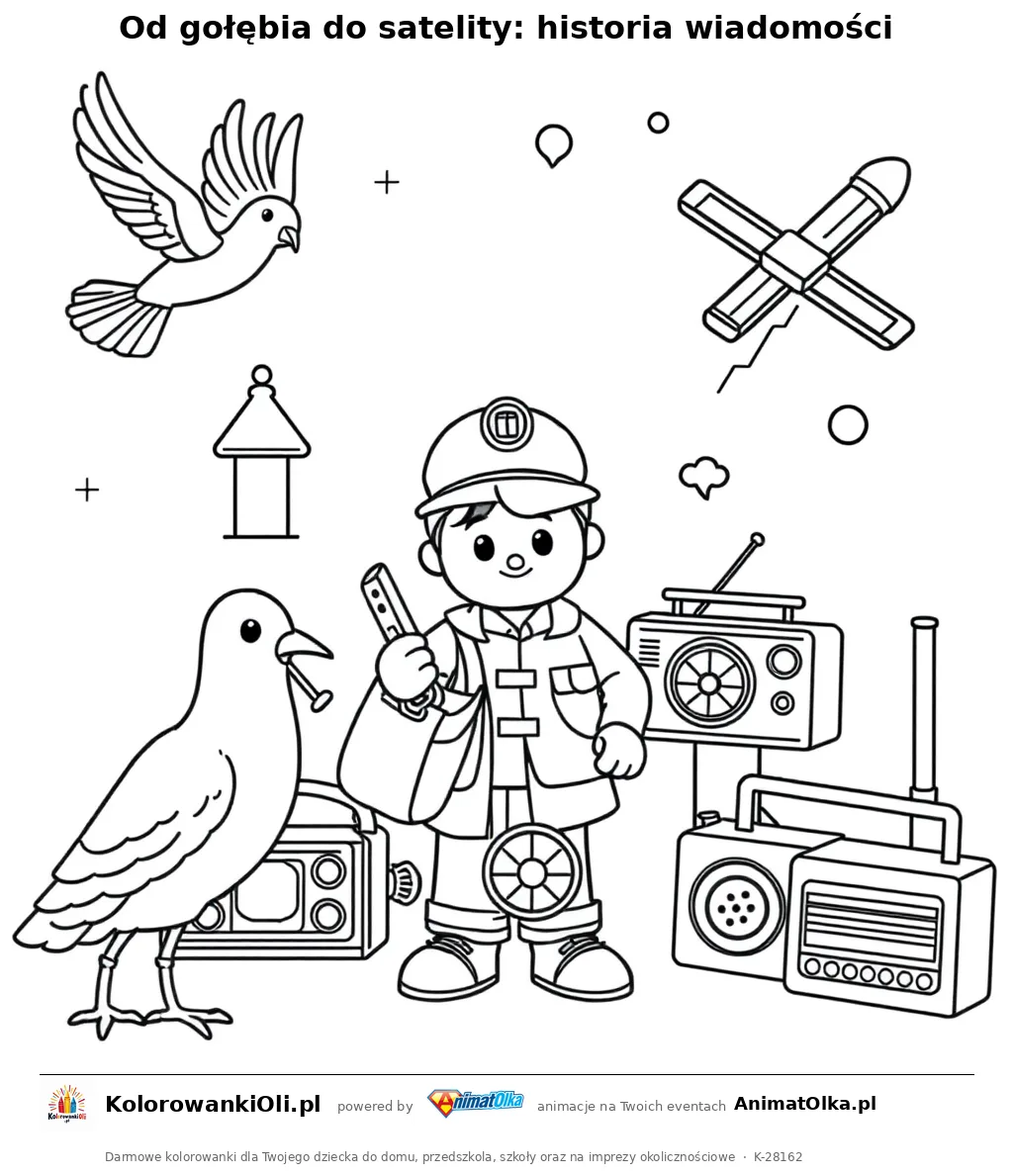 Od gołębia do satelity: historia wiadomości — kolorowanka na Dzień Telekomunikacji do wydruku