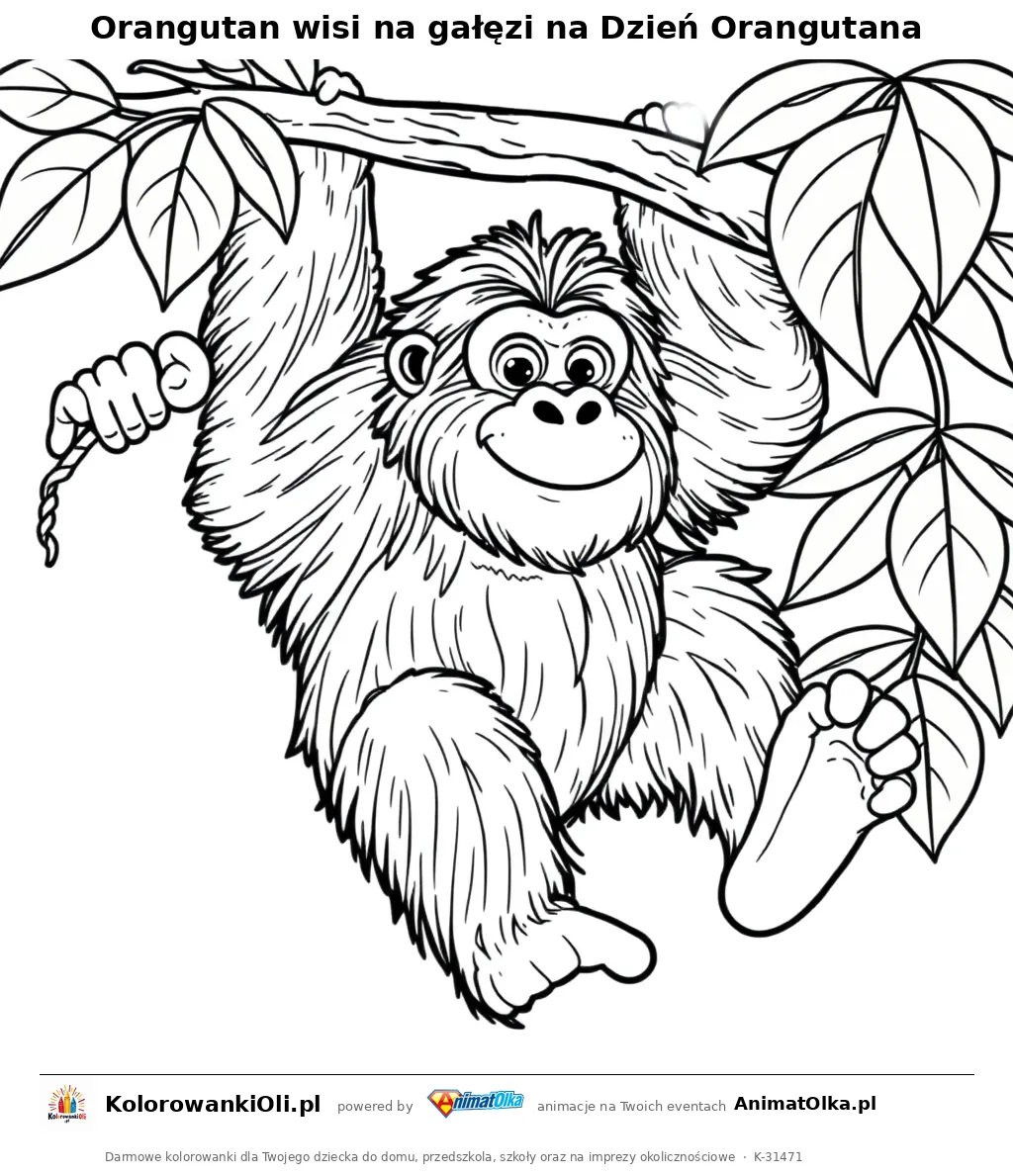 Orangutan wisi na gałęzi na Dzień Orangutana — kolorowanka na Dzień Orangutana do wydruku