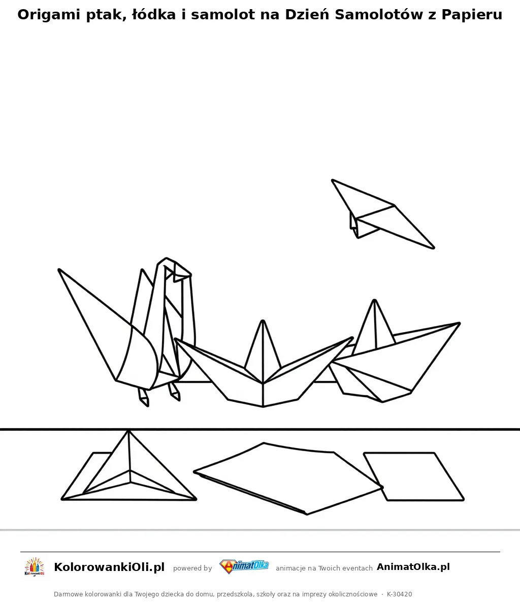 Origami ptak, łódka i samolot na Dzień Samolotów z Papieru — kolorowanka na Dzień Samolotów z Papieru do wydruku