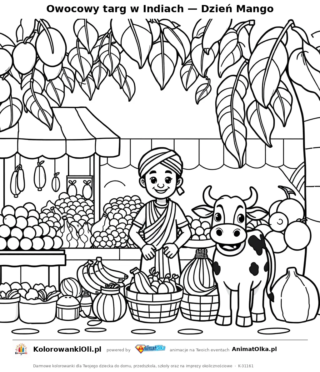 Owocowy targ w Indiach — Dzień Mango — kolorowanka na Dzień Mango do wydruku