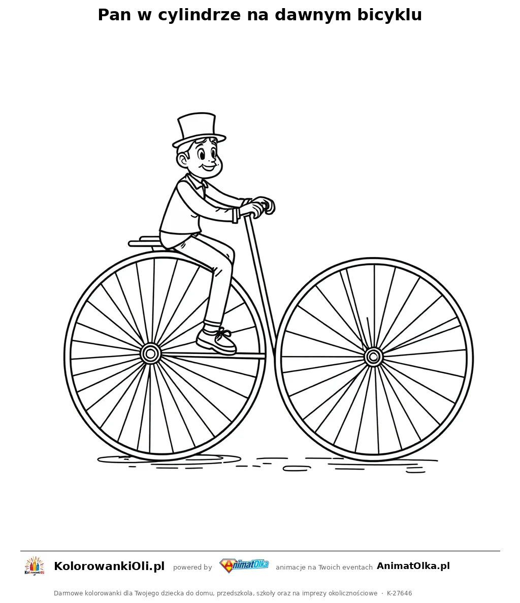Pan w cylindrze na dawnym bicyklu — kolorowanka na Dzień Wynalazcy do wydruku