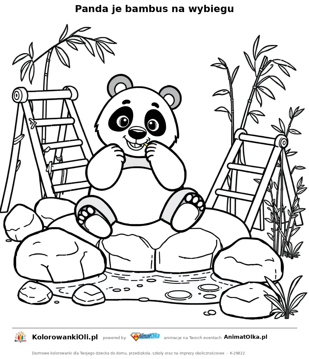 Panda je bambus na wybiegu — kolorowanka na Dzień Miłośników Zoo do wydruku