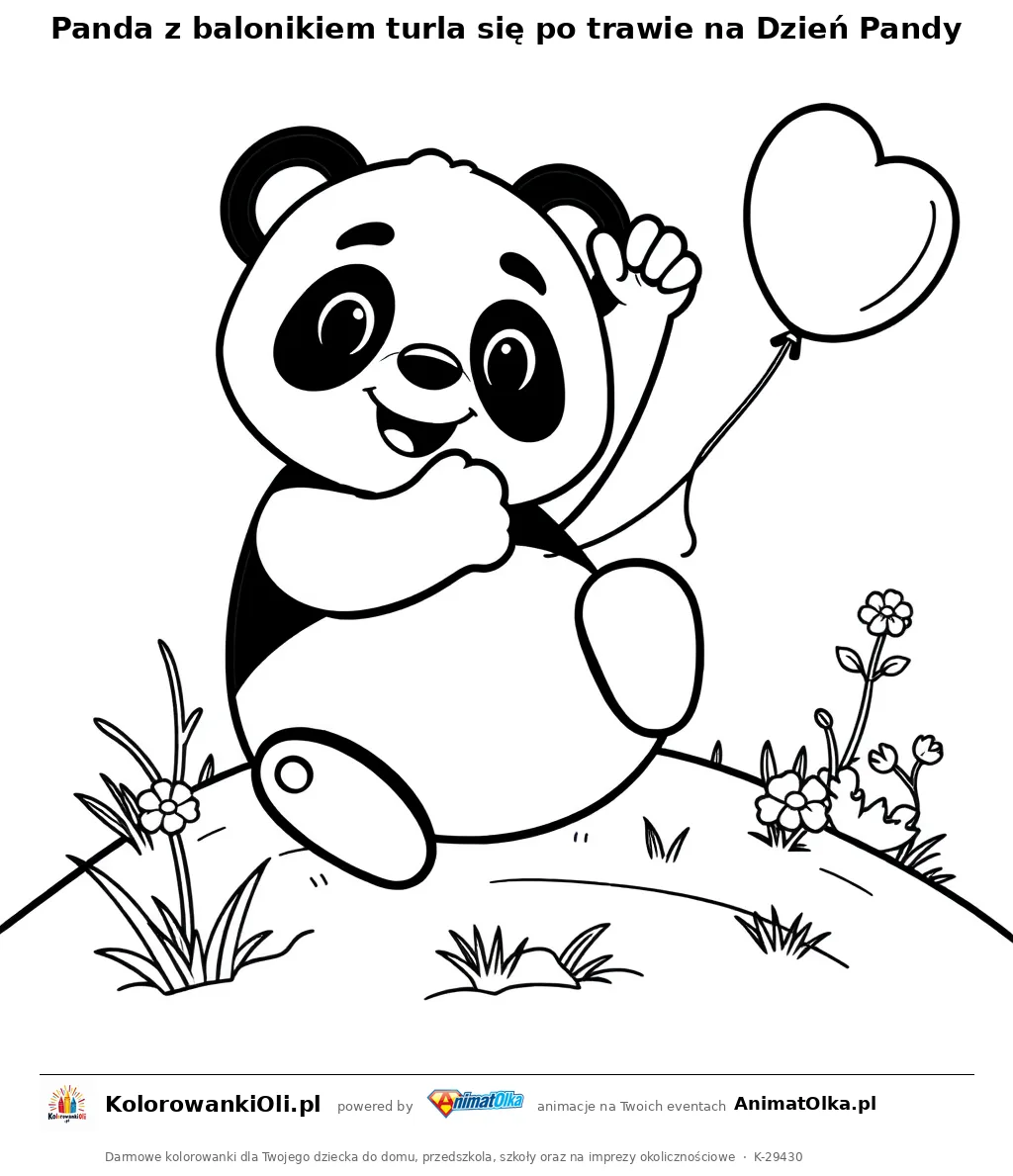 Panda z balonikiem turla się po trawie na Dzień Pandy — kolorowanka na Dzień Pandy do wydruku