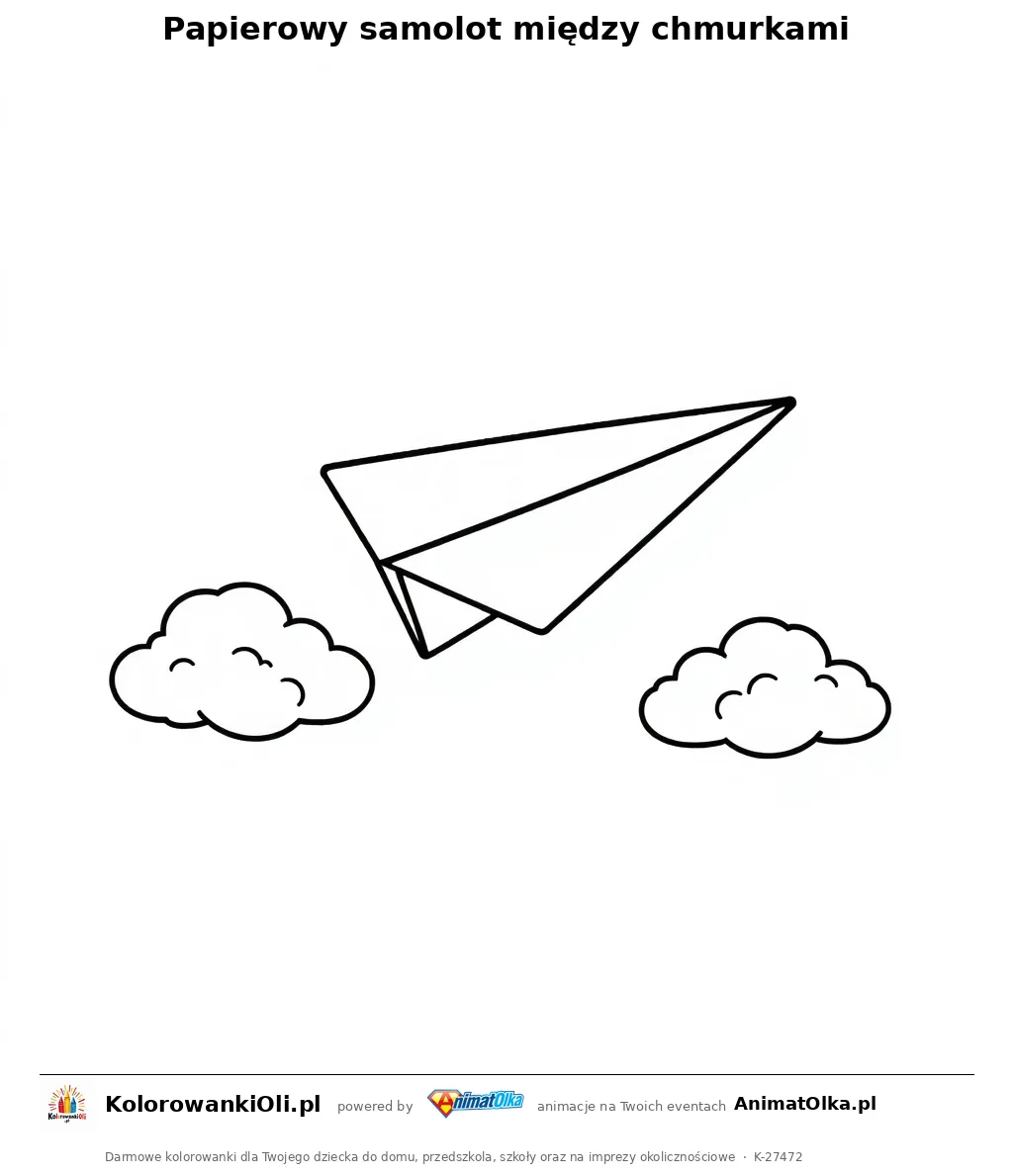 Papierowy samolot między chmurkami — kolorowanka na Dzień Origami do wydruku