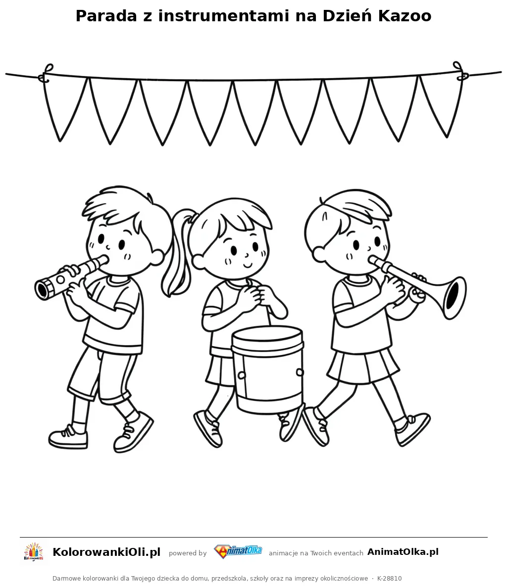 Parada z instrumentami na Dzień Kazoo — kolorowanka na Dzień Kazoo do wydruku