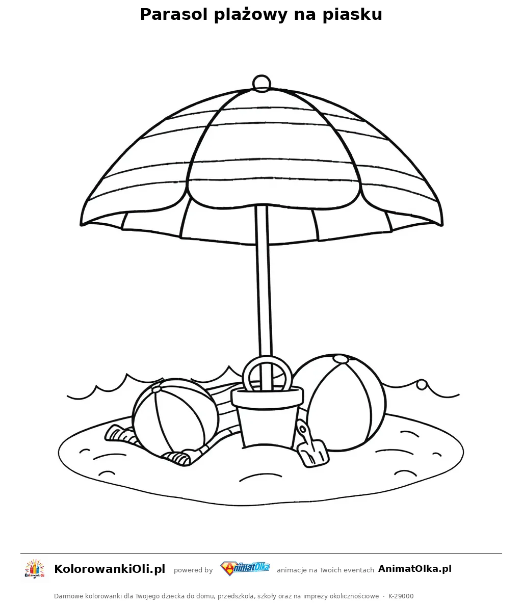 Parasol plażowy na piasku — kolorowanka na Dzień Parasolki do wydruku