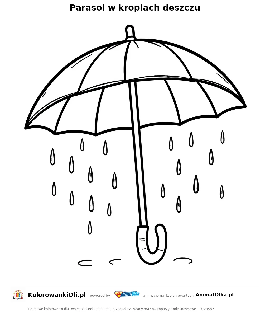 Parasol w kroplach deszczu — kolorowanka na Dzień Meteorologii do wydruku