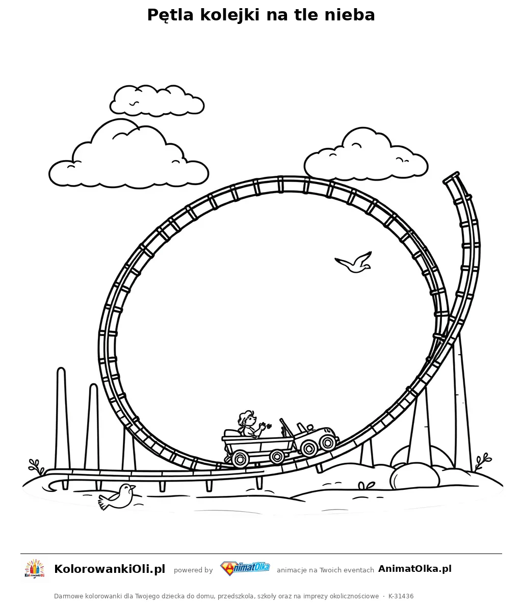 Pętla kolejki na tle nieba — kolorowanka na Dzień Roller Coastera do wydruku
