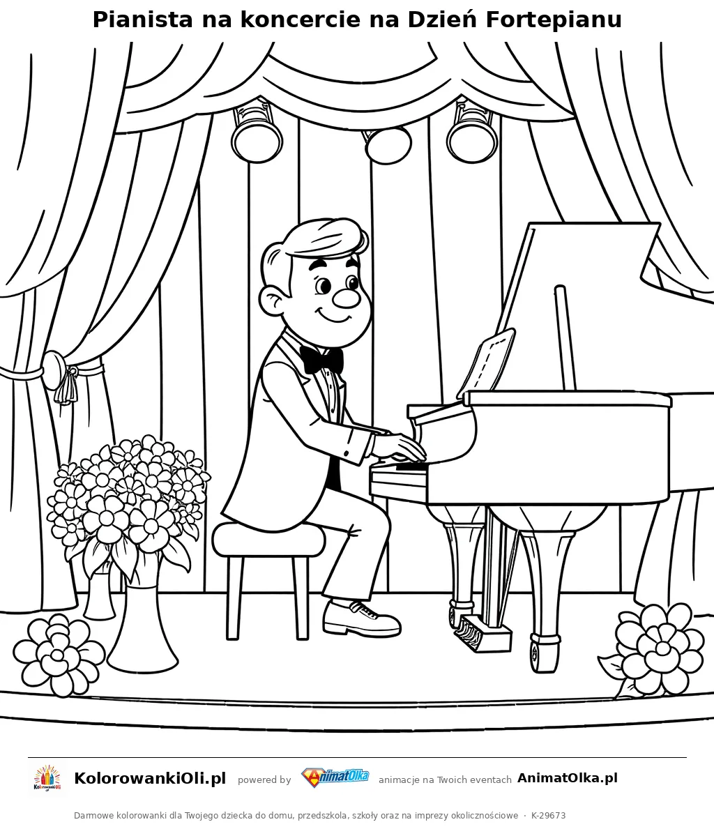 Pianista na koncercie na Dzień Fortepianu — kolorowanka na Dzień Fortepianu do wydruku