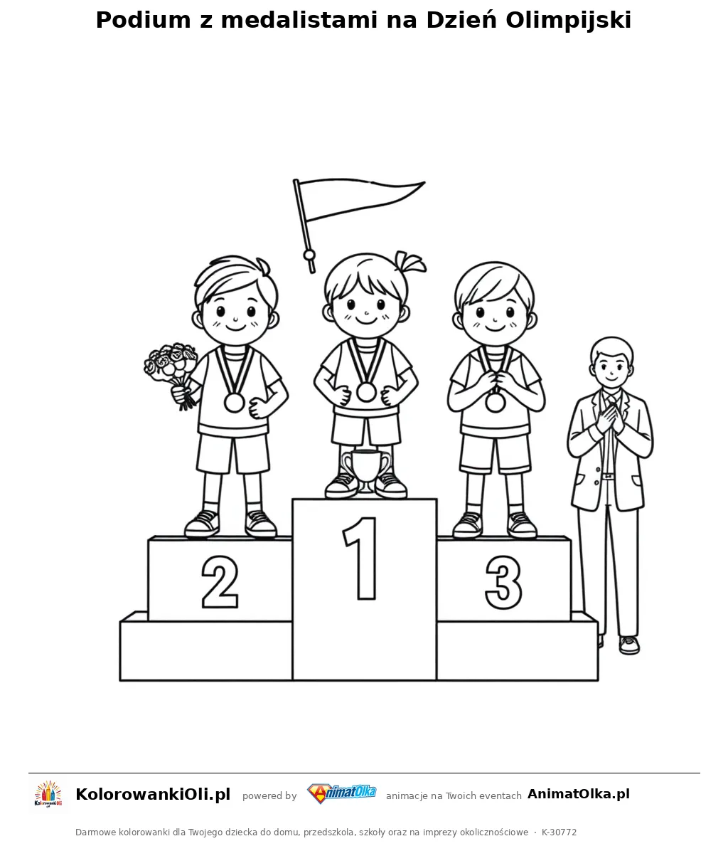 Podium z medalistami na Dzień Olimpijski — kolorowanka na Dzień Olimpijski do wydruku