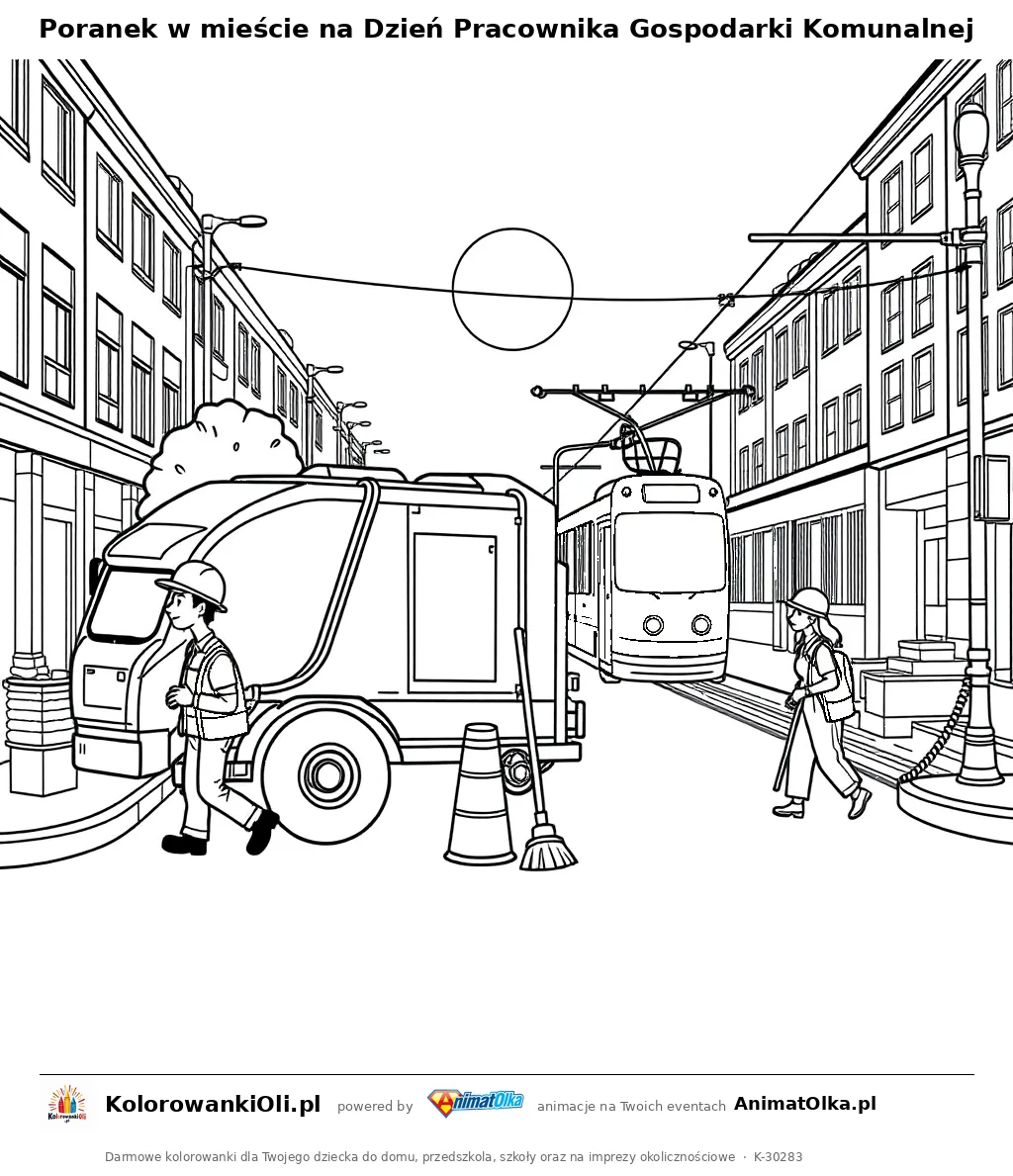 Poranek w mieście na Dzień Pracownika Gospodarki Komunalnej — kolorowanka na Dzień Pracownika Gospodarki Komunalnej do wydruku