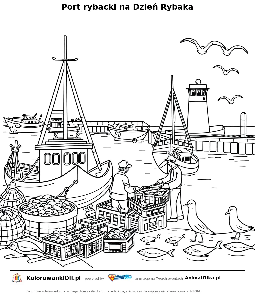Port rybacki na Dzień Rybaka — kolorowanka na Dzień Rybaka do wydruku