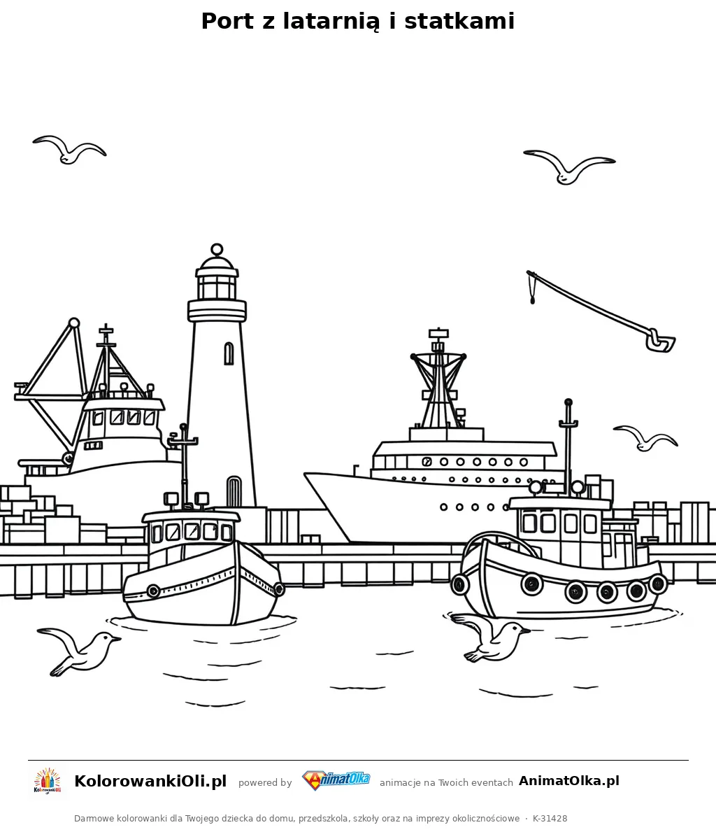 Port z latarnią i statkami — kolorowanka na Dzień Latarni Morskich do wydruku