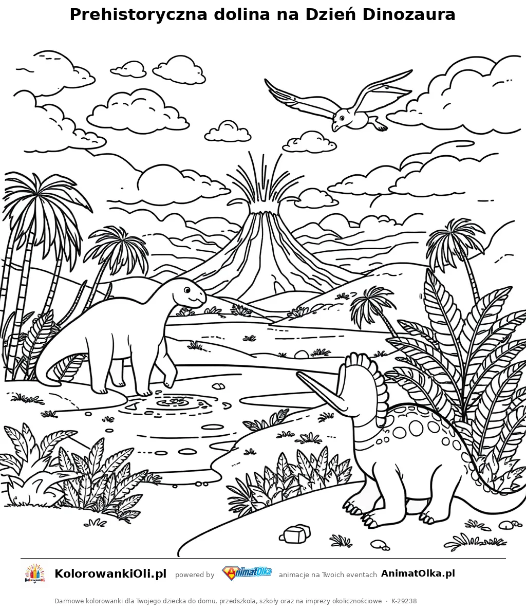 Prehistoryczna dolina na Dzień Dinozaura — kolorowanka na Dzień Dinozaura do wydruku
