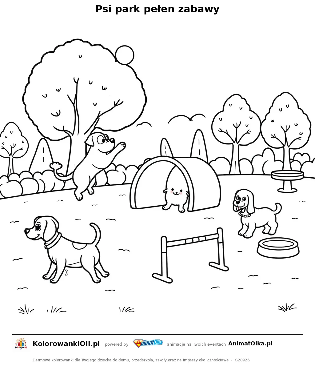 Psi park pełen zabawy — kolorowanka na Dzień Golden Retrievera do wydruku