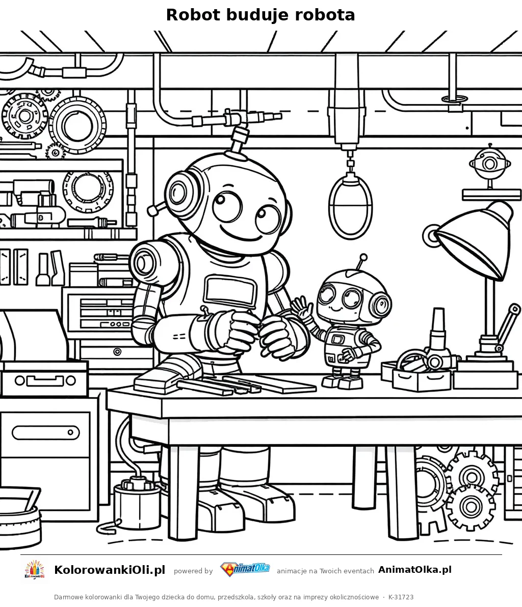 Robot buduje robota — kolorowanka na Dzień Programisty do wydruku