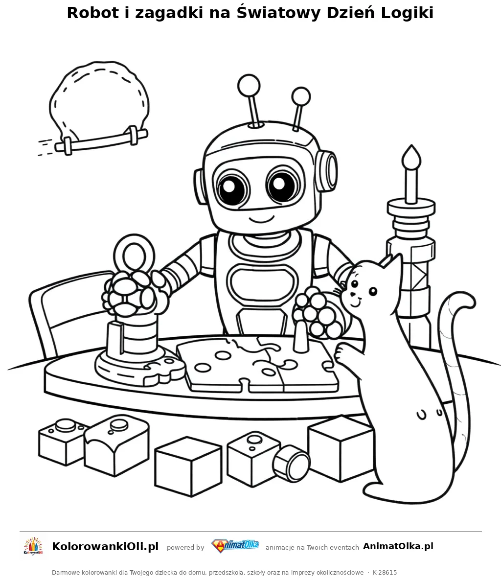 Robot i zagadki na Światowy Dzień Logiki — kolorowanka na Światowy Dzień Logiki do wydruku