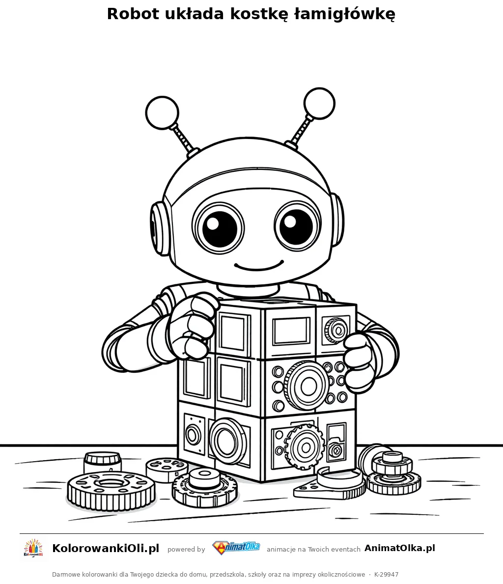 Robot układa kostkę łamigłówkę — kolorowanka na Dzień Kostki Rubika do wydruku