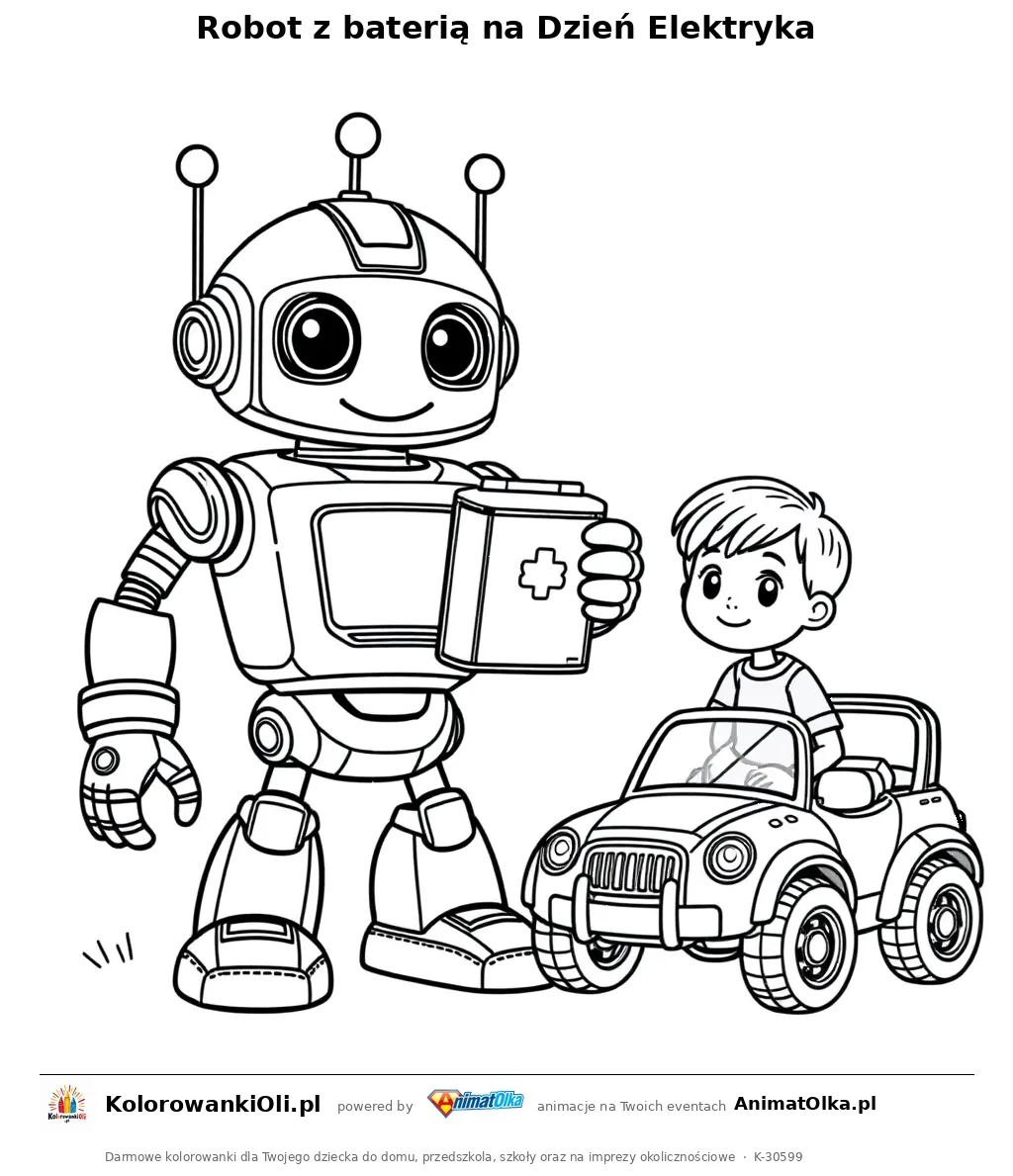 Robot z baterią na Dzień Elektryka — kolorowanka na Dzień Elektryka do wydruku